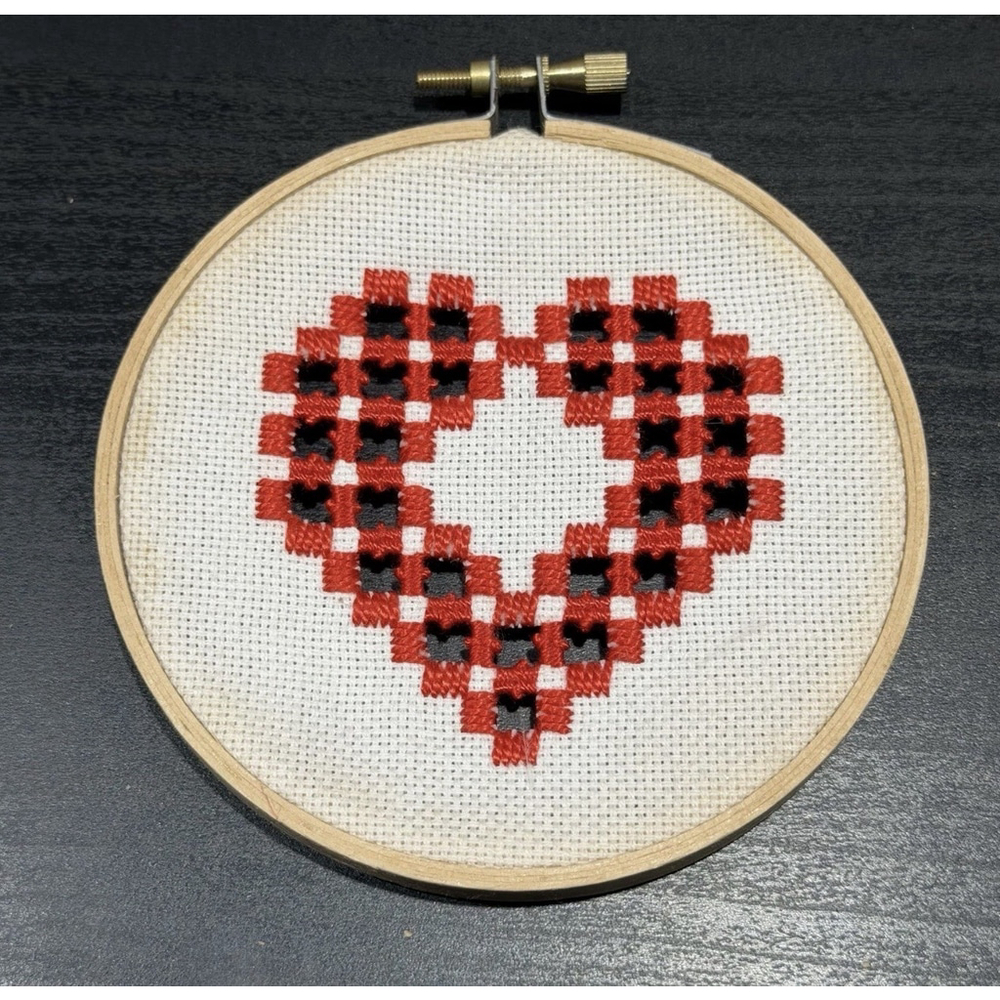 Handmade VTG Heart‎ Cross Stitch Embroidery Hoop Signed Red Openwork Art SIGNED